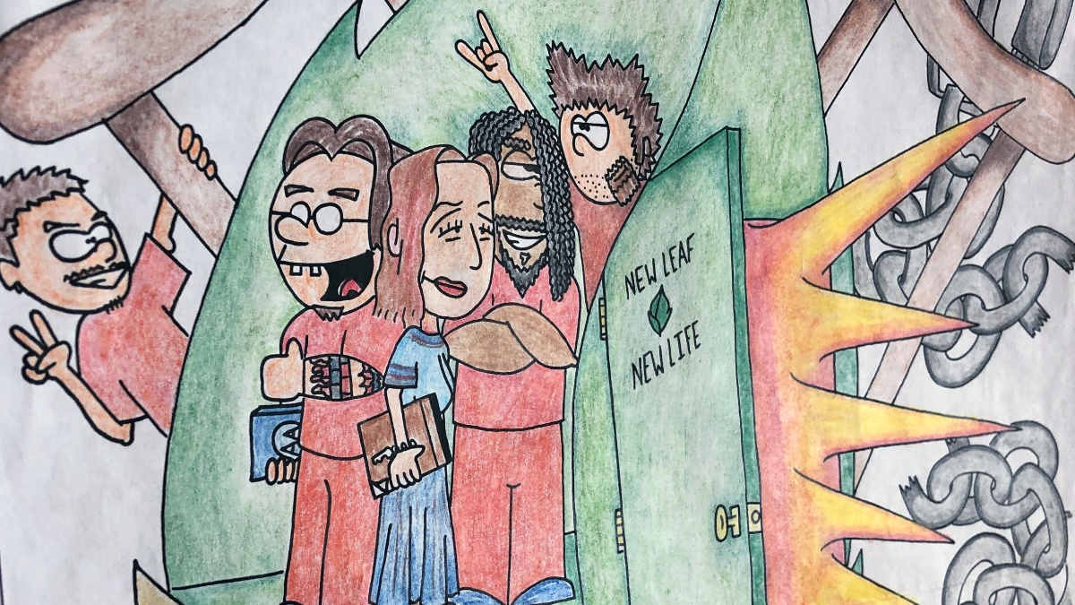 Photo of art on the wall at the Transition Support Center; Depicts inmates and NL-NL staff.